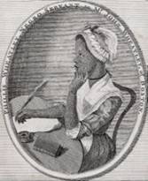 Phillis Wheatley, as illustrated by Scipio Moorhead in the Frontispiece to her book Poems on Various Subjects.